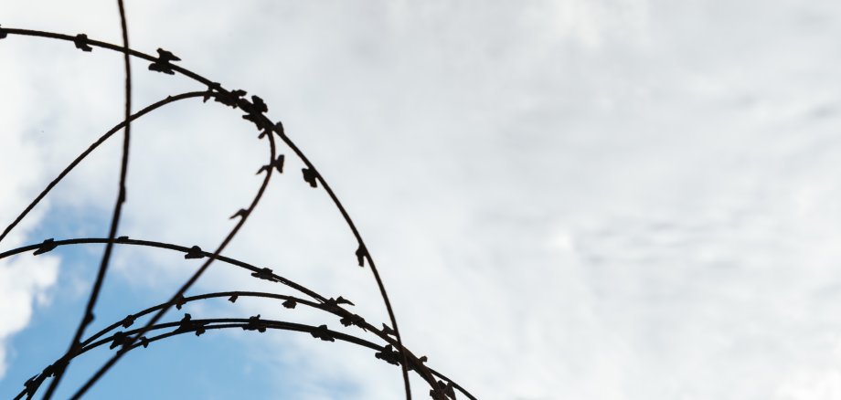 Closeup shot of barbed wire on a cloudy sky background Closeup shot of barbed wire on a cloudy sky background